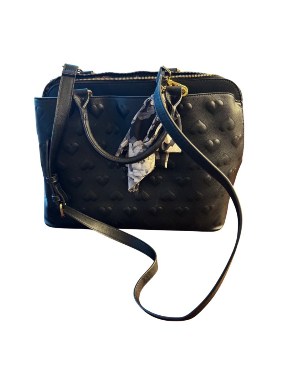 Betsey Johnson Embossed Hearts Black Handbag Gold Hardware Floral Lining - Picture 9 of 10